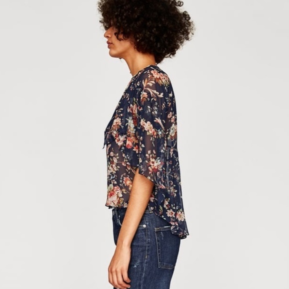 Zara navy floral semi-sheer cape blouse XS - Picture 5 of 12